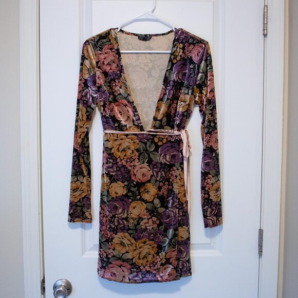 Whimsigoth Velvet Mini Dress Deep V Wrap Waist Floral Bodycon 6 | Dark Autumn - Picture 1 of 9